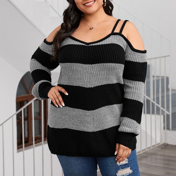 

Plus Cold Shoulder Two Tone Striped Sweater, Multicolor