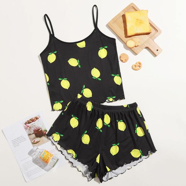 

Lemon Print Lettuce Trim Pajama Set, Black
