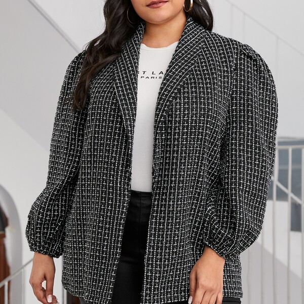 

Plus Shawl Collar Lantern Sleeve Tweed Coat, Black and white