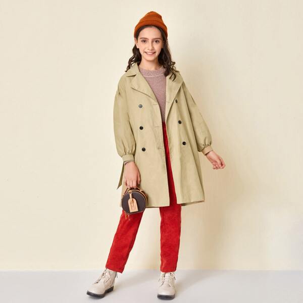

Girls Notched Collar Double Breasted Self Belted Coat, Khaki