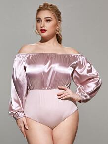 Plus Off The Shoulder Satin Bodysuit - Baby Pink - View 1