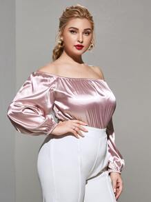 Plus Off The Shoulder Satin Bodysuit - Baby Pink - View 3