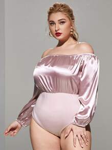 Plus Off The Shoulder Satin Bodysuit - Baby Pink - View 4