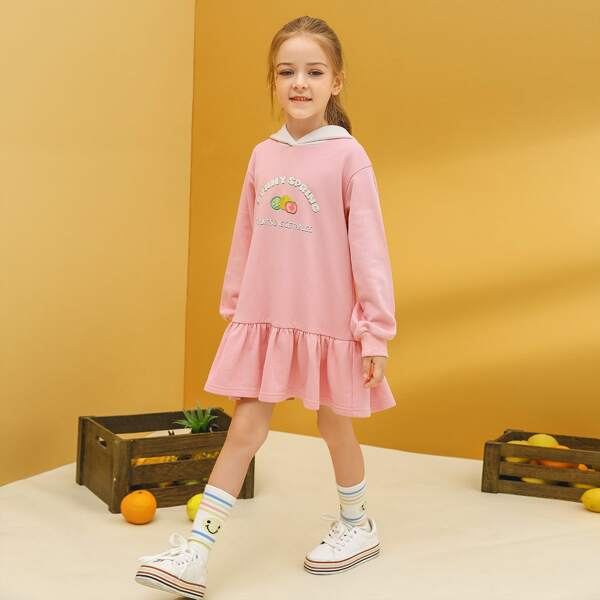 

Girls Letter Graphic Ruffle Hem Hoodie Dress, Baby pink