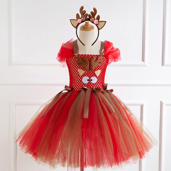 

Girls Christmas Patched Bow Front Tutu Gown Dress, Red