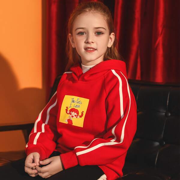 

Girls Cartoon Graphic Side Stripe Hoodie, Red