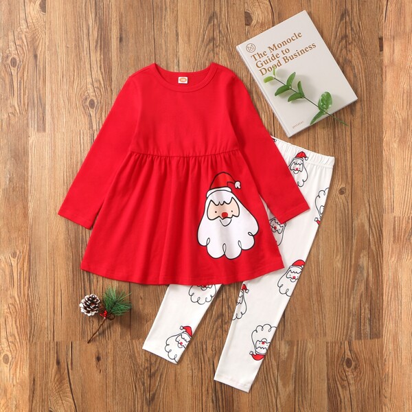 

Toddler Girls Christmas Print Ruffle Hem PJ Set, Red