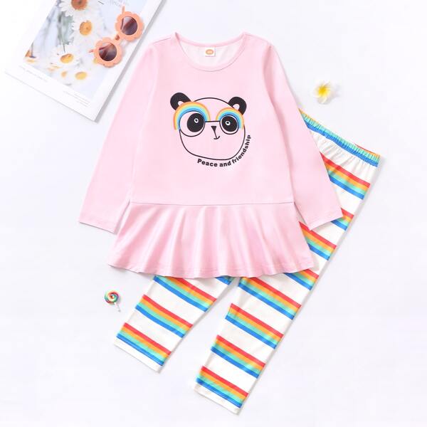 

Toddler Girls Panda And Rainbow Stripe Print PJ Set, Multicolor