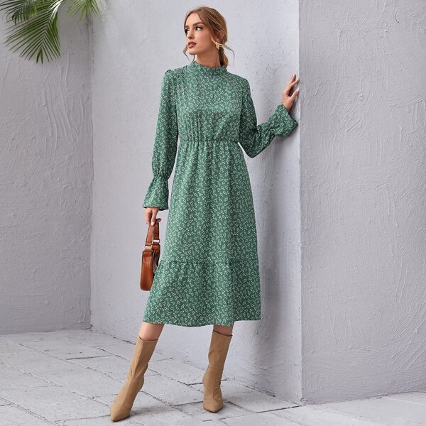 

Ditsy Floral Flounce Sleeve Ruffle Hem Dress, Green