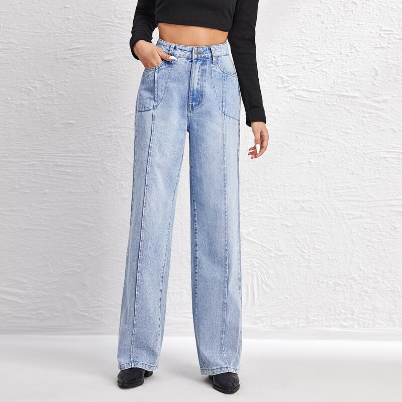 

High Waist Slant Pocket Straight Jeans, Light wash