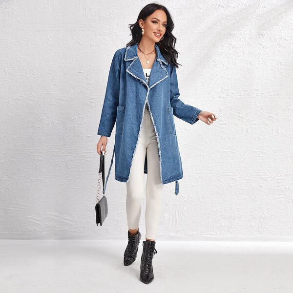 

Raw Hem Pocket Front Belted Denim Coat, Medium wash
