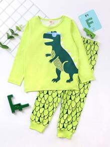 小男童卡通圖案睡衣套裝 - 青檸色 - 查看 1