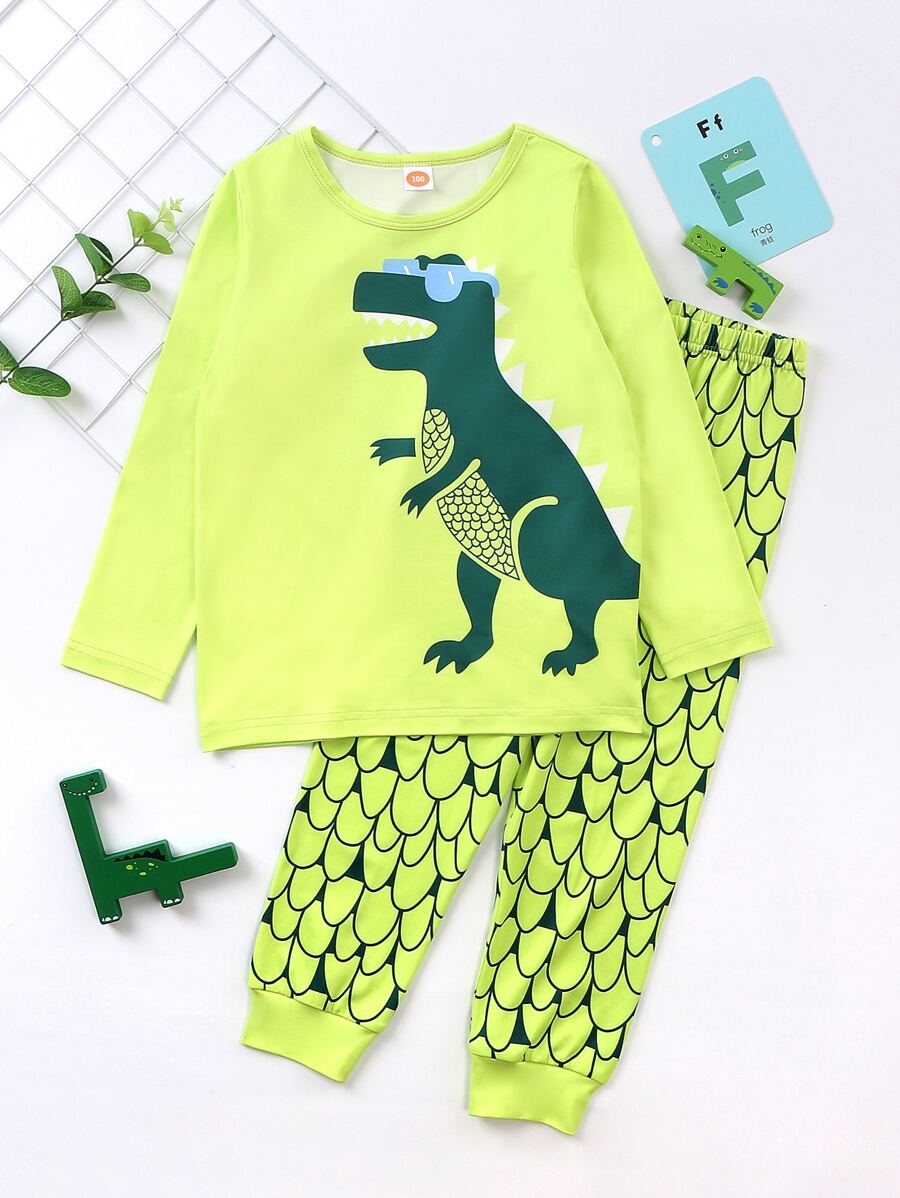 小男童卡通圖案睡衣套裝 - 青檸色 - 查看 1