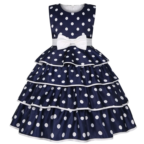 

Toddler Girls Polka Dot Bow Front Layered Gown Dress, Navy blue