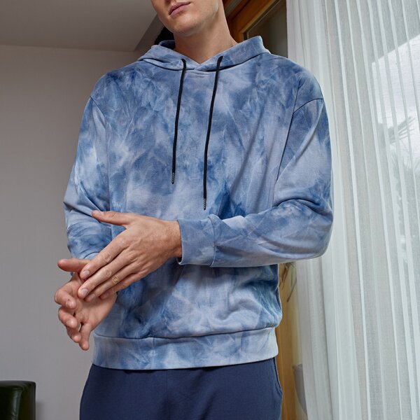 

Men Drop Shoulder Tie Dye Drawstring Hoodie, Blue