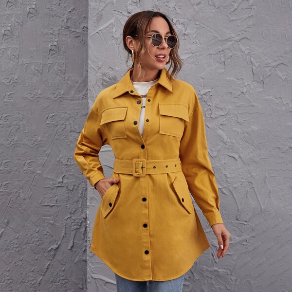 

Press Buttoned Flap Pocket Front Buckle Belted Coat, Mustard yellow
