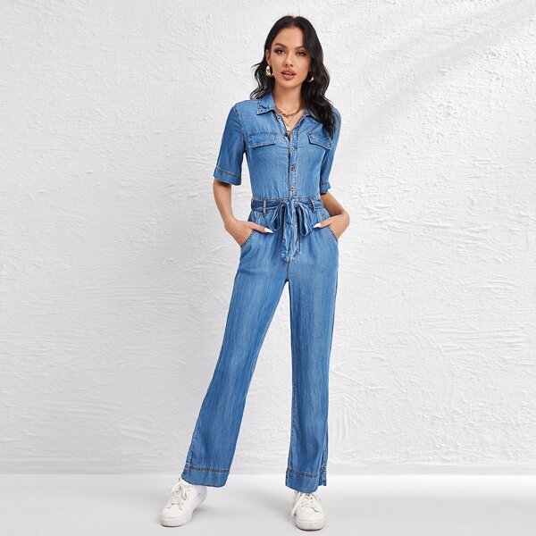 

Button Front Belted Denim Overalls, Light wash