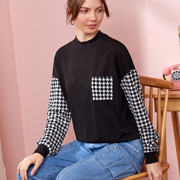 

Drop Shoulder Contrast Houndstooth Sweatshirt, Black