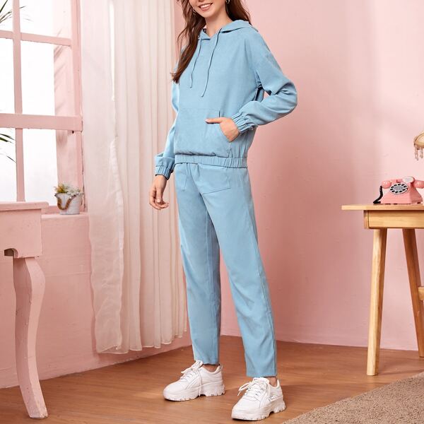 

Kangaroo Pocket Drawstring Hoodie & Pants, Baby blue