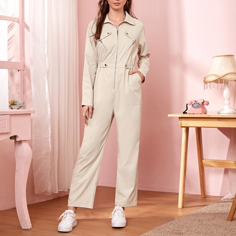 

Slant Pocket Zipper Front Shirt Jumpsuit, Beige