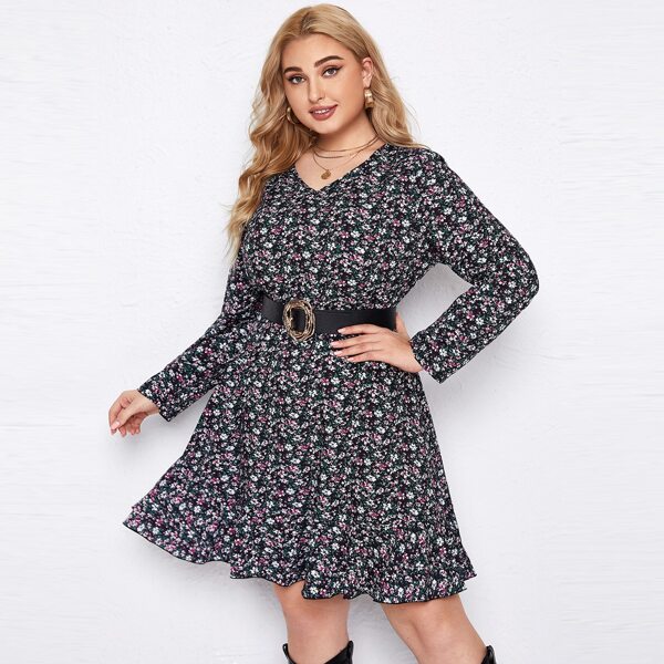 

Plus V-neck Ditsy Floral A-line Dress Without Belt, Multicolor