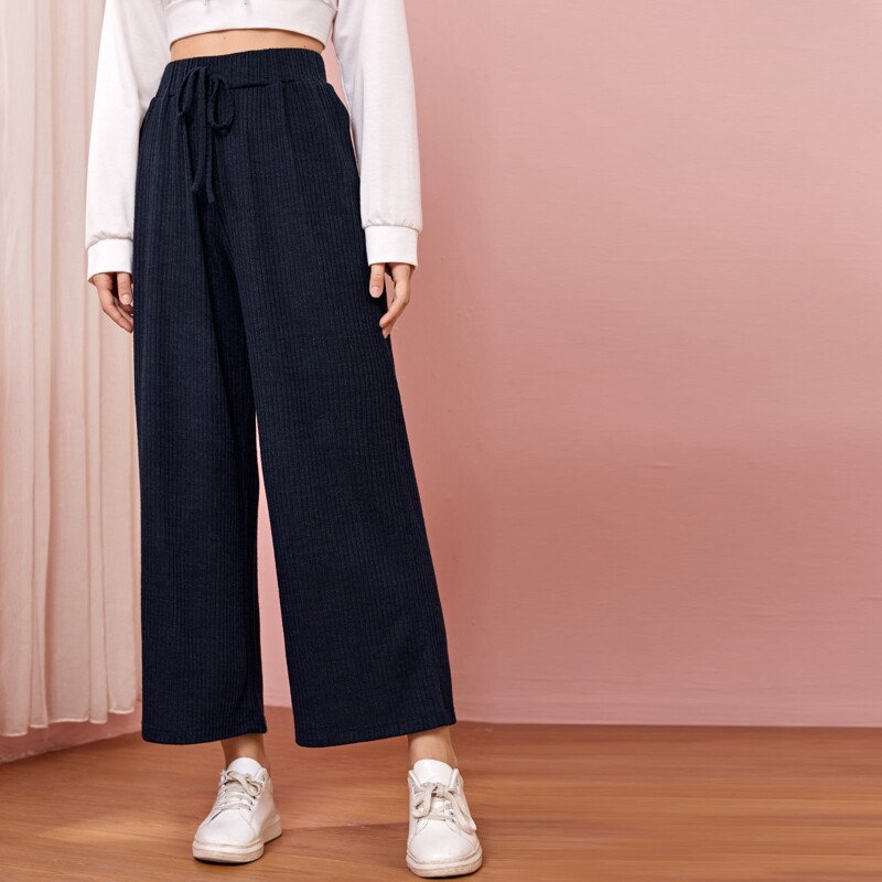 

Tie Front Rib-knit Wide Leg Pants, Navy blue