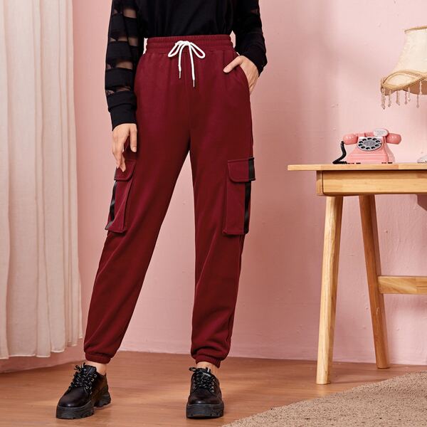 

Flap Pocket Drawstring Waist Sweatpants, Burgundy
