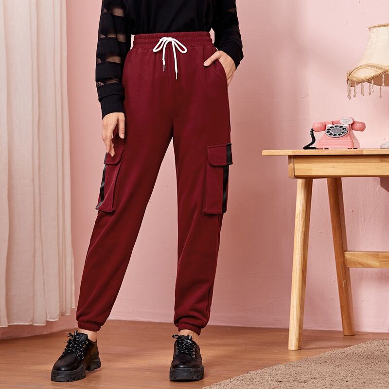 

Flap Pocket Drawstring Waist Sweatpants, Burgundy