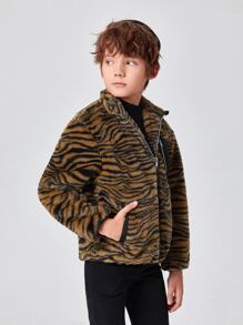 SHEIN Boys Zip Pocket Front Tiger Striped Fuzzy Coat - Multicolor - View 1