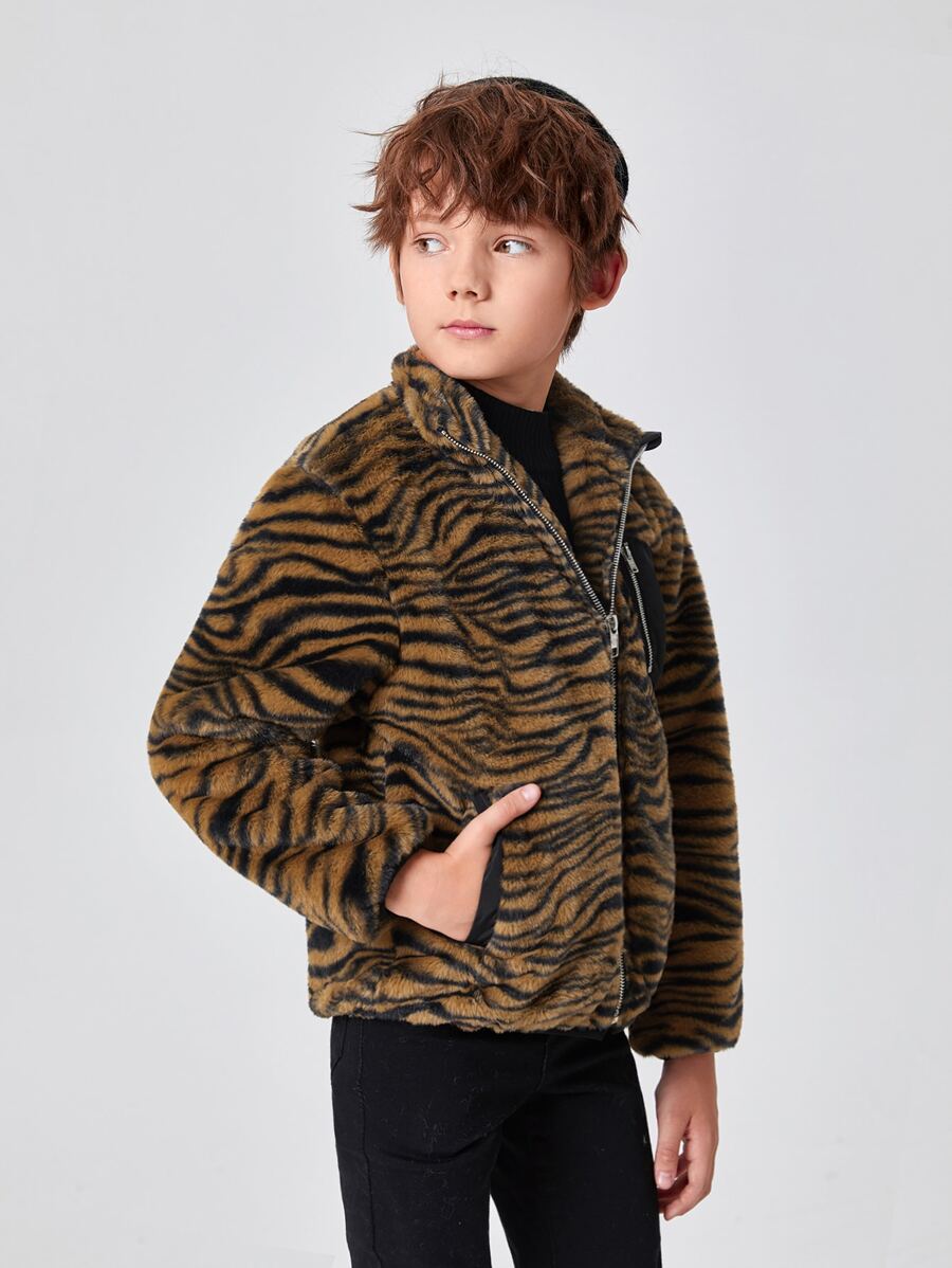 SHEIN Boys Zip Pocket Front Tiger Striped Fuzzy Coat - Multicolor - View 1