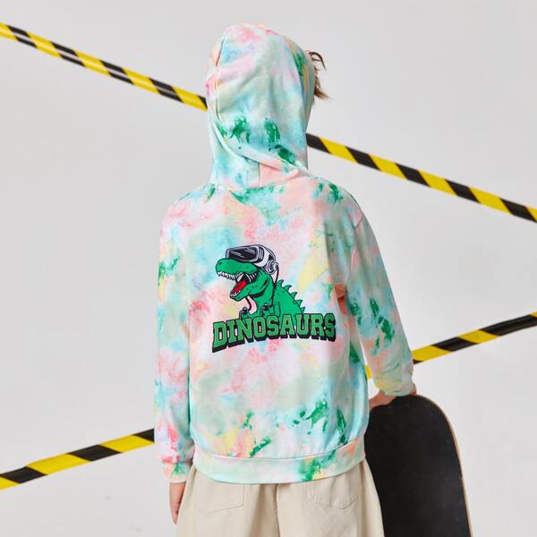 

Boys Letter and Dinosaur Print Patched Detail Tie Dye Hoodie, Multicolor