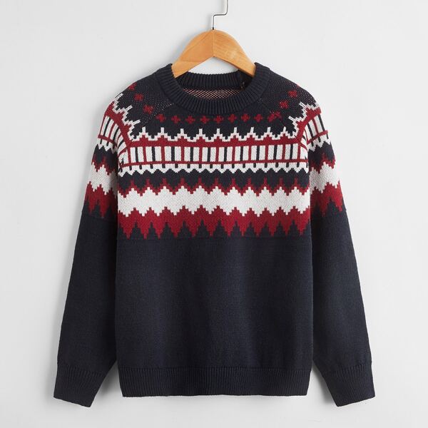 

Boys Raglan Sleeve Fair Isle Pattern Sweater, Multicolor