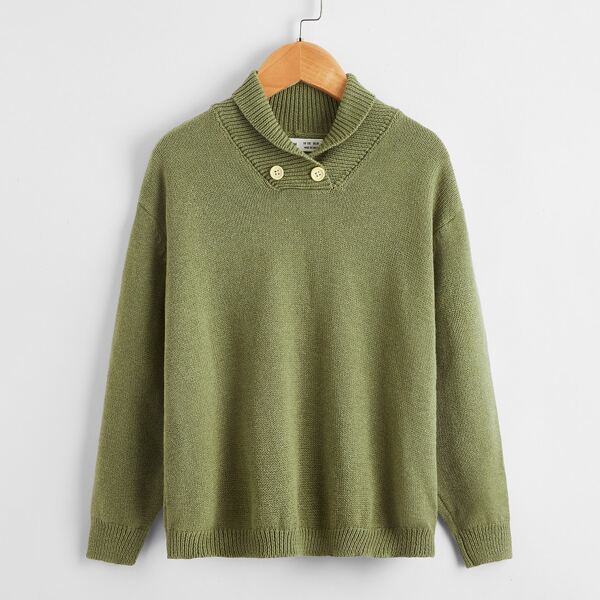 

Boys Rolled Neck Buttoned Front Sweater, Olive green