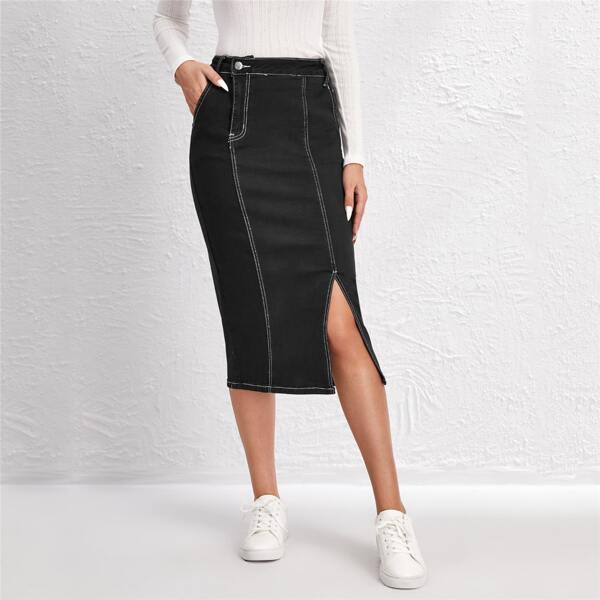 

Solid Slit Hem Denim Skirt, Black