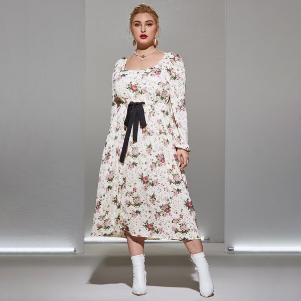 

Plus Drawstring Waist Allover Floral Midi Dress, White