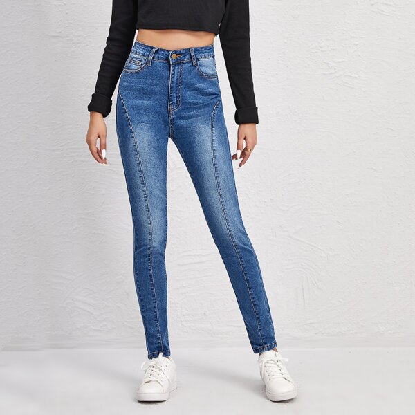 

High Waist Bleach Wash Skinny Jeans, Medium wash