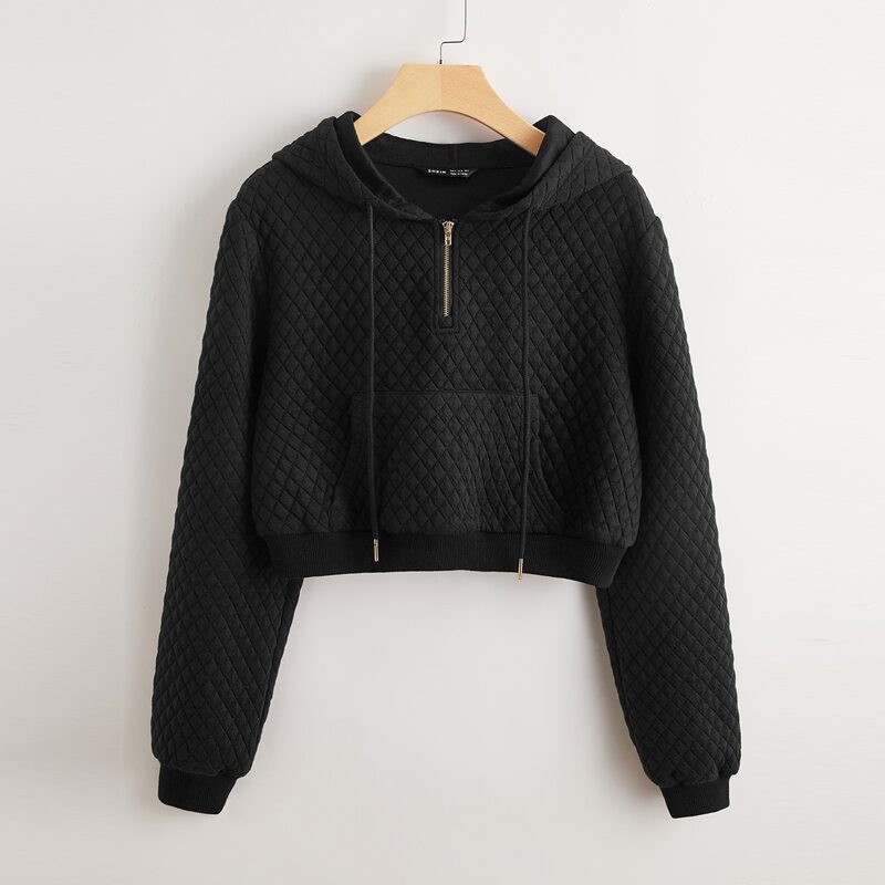 

Zip Half Placket Pouch Pocket Quilted Hoodie, Black