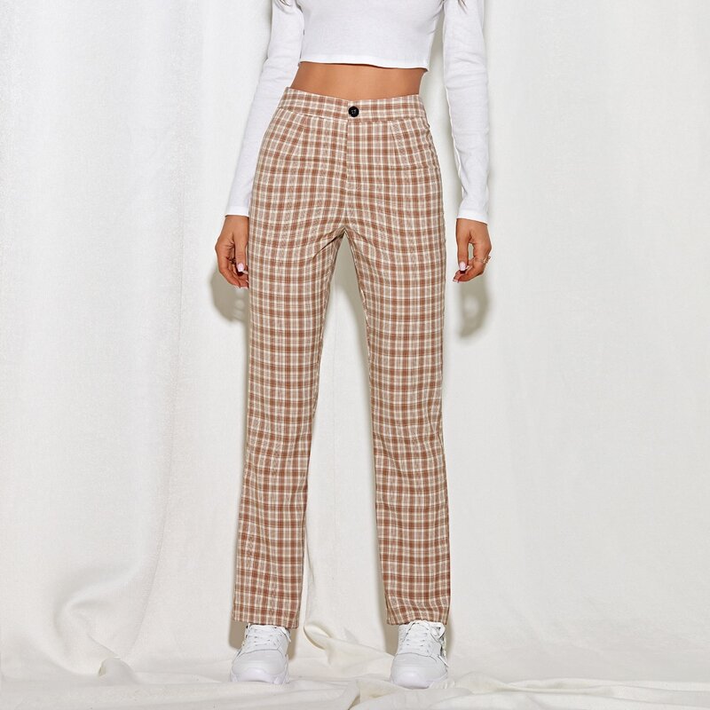 

High Waist Plaid Straight Leg Pants, Multicolor
