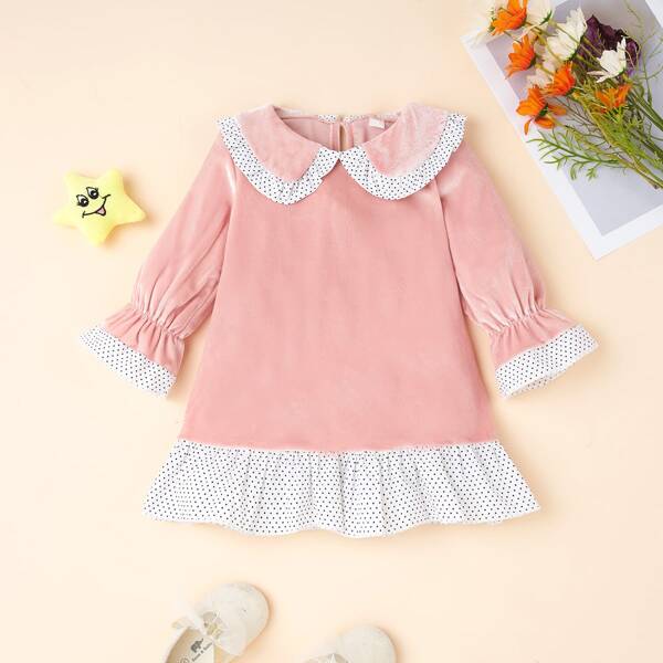 

Baby Girl Polka Dot Panel Ruffle Hem Velvet Dress, Coral pink
