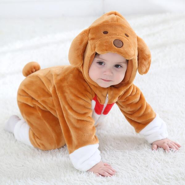 

Baby Boy Color-block 3D Dog Ear Design Flannel Onesie, Multicolor