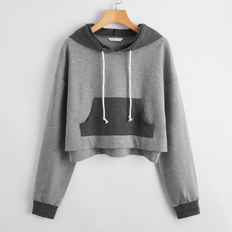 

High Low Kangaroo Pocket Drawstring Hoodie, Grey