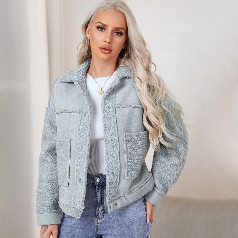 

Collared Press Buttoned Teddy Panel Coat, Dusty blue