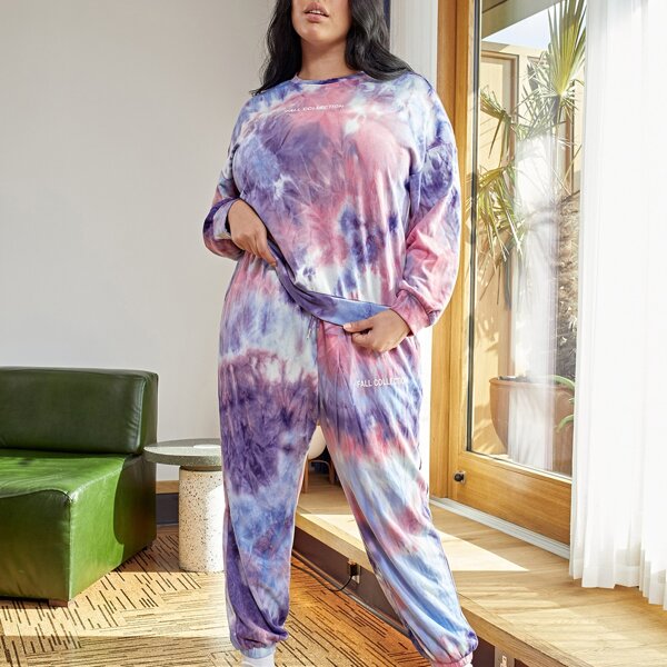 

Plus Letter Graphic Tie Dye Pullover & Sweatpants Set, Multicolor