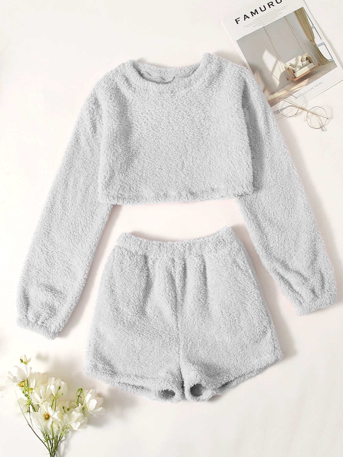 Teddy Solid Crop Top & Shorts Lounge Set thumbnail