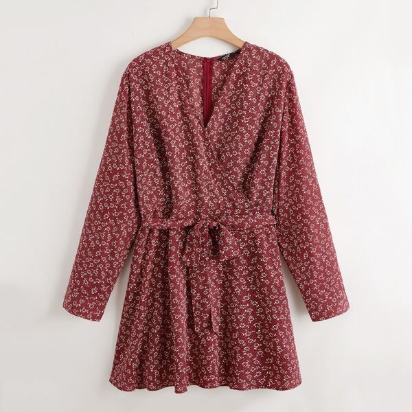 

Plus Ditsy Floral Print Surplice Front Belted Dress, Redwood