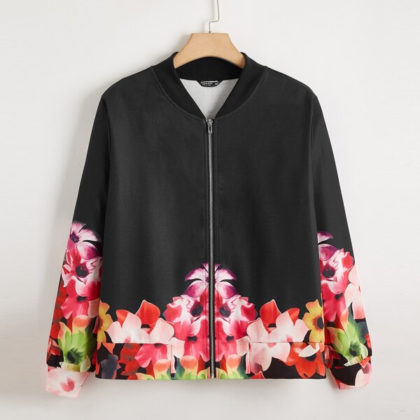 

Plus Floral Print Zip Up Bomber Jacket, Black