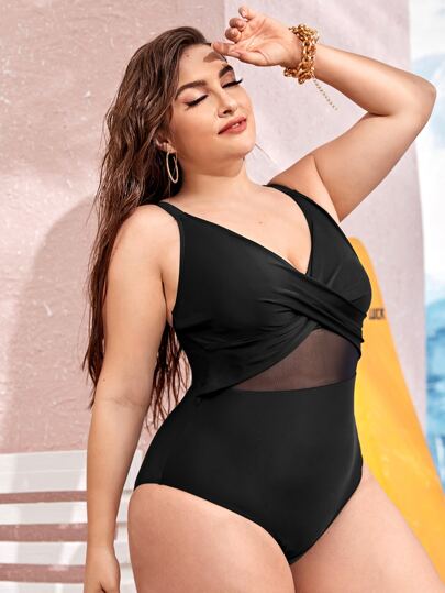 ملباس سباحة قطعة واحدة ملتوي امامي شبكي متباين