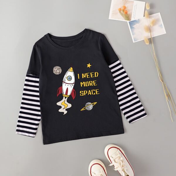 

Toddler Boys Slogan Graphic Striped Sleeve 2 In 1 Tee, Black