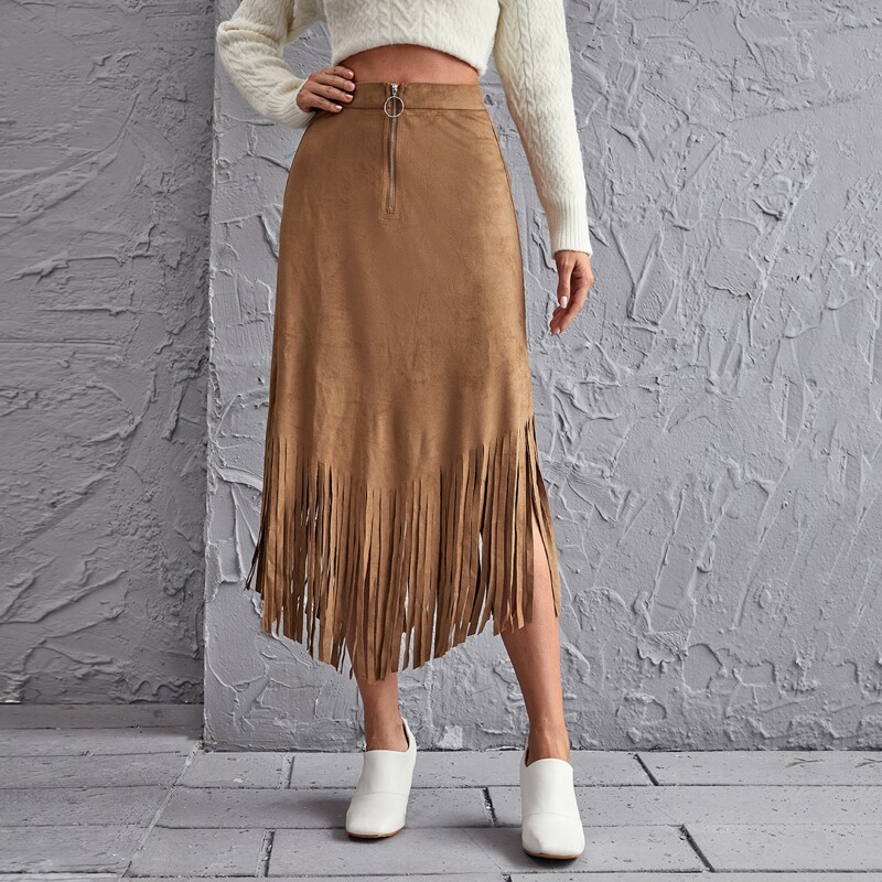 

O-ring Zipper Fly Fringe Hem Suede Skirt, Brown