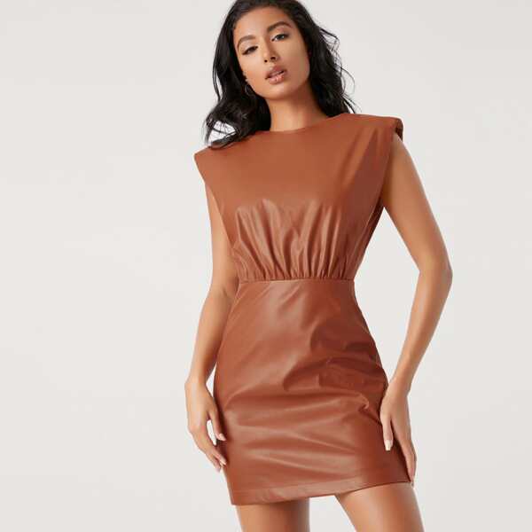 

Shoulder Padded PU Leather Dress, Rust brown